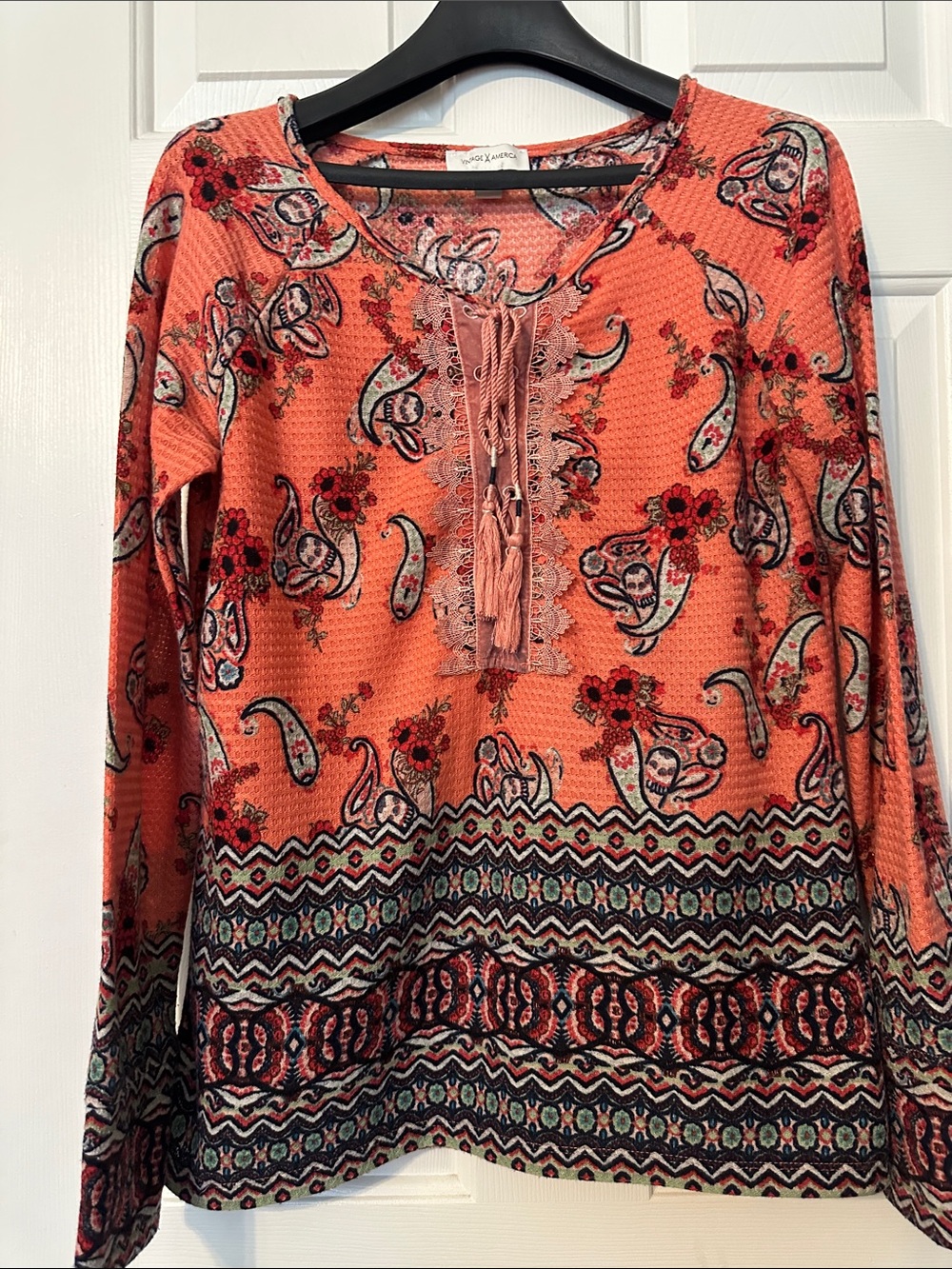 Vintage America Coral Paisley Lace-Up Long Sleeve Top